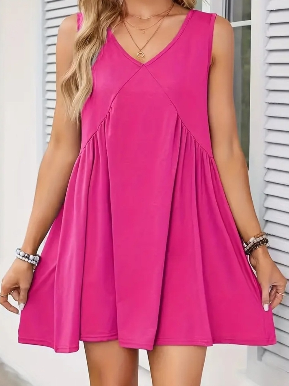 Sleeveless V-Neck Swing Dress in Hot Pink